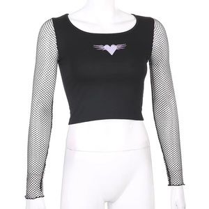 Goth Patchwork Top Graphic Mesh Fishnet Tops